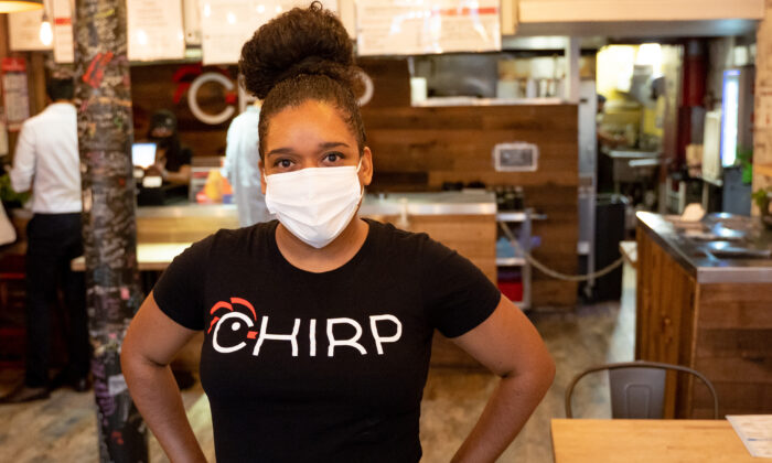 Karla Martinez, manager of Chirp restaurant in Manhattan’s Garment District in New York City on Aug. 4, 2021. (Petr Svab/The Epoch Times)