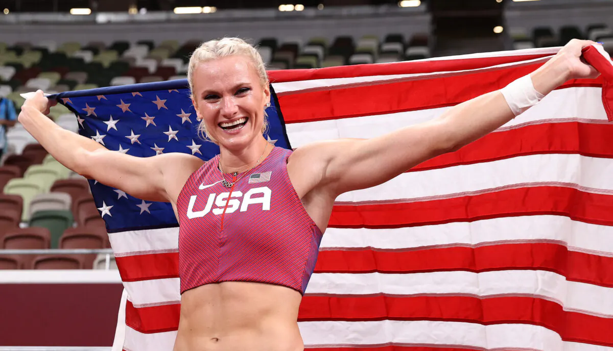 Katie Nageotte of Team USA celebrates after winning the gold medal in the Women's Pole Vault Final on day thirteen of the Tokyo 2020 Olympic Games at Olympic Stadium in Tokyo on Aug. 5, 2021. (Cameron Spencer/Getty Images)