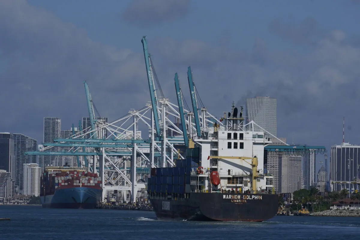 The Warnow-Dolphin container ship enters PortMiami, in Miami Beach, Fla., on April 29, 2021. (Marta Lavandier/AP Photo)