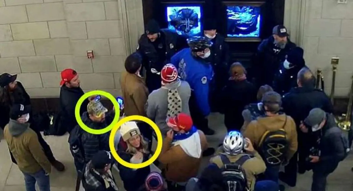 In this screenshot from surveillance video, Virginia couple Joshua and Jessica Bustle are seen inside the U.S. Capitol on Jan. 6, 2021. (FBI)