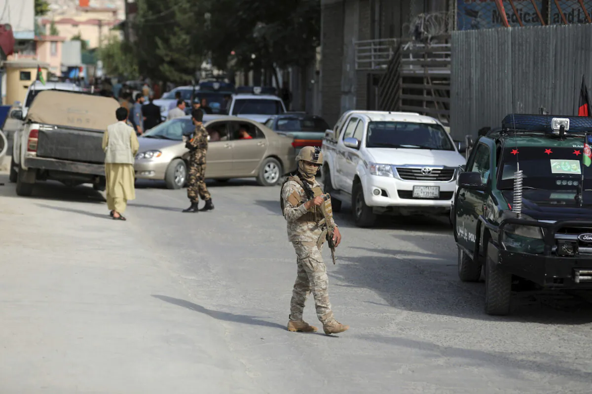 Afghan security personnel arrives at the area where the director of Afghanistan's Government Information Media Center Dawa Khan Menapal was shot dead in Kabul, Afghanistan on Aug. 6, 2021. (Rahmat Gul/AP Photo)