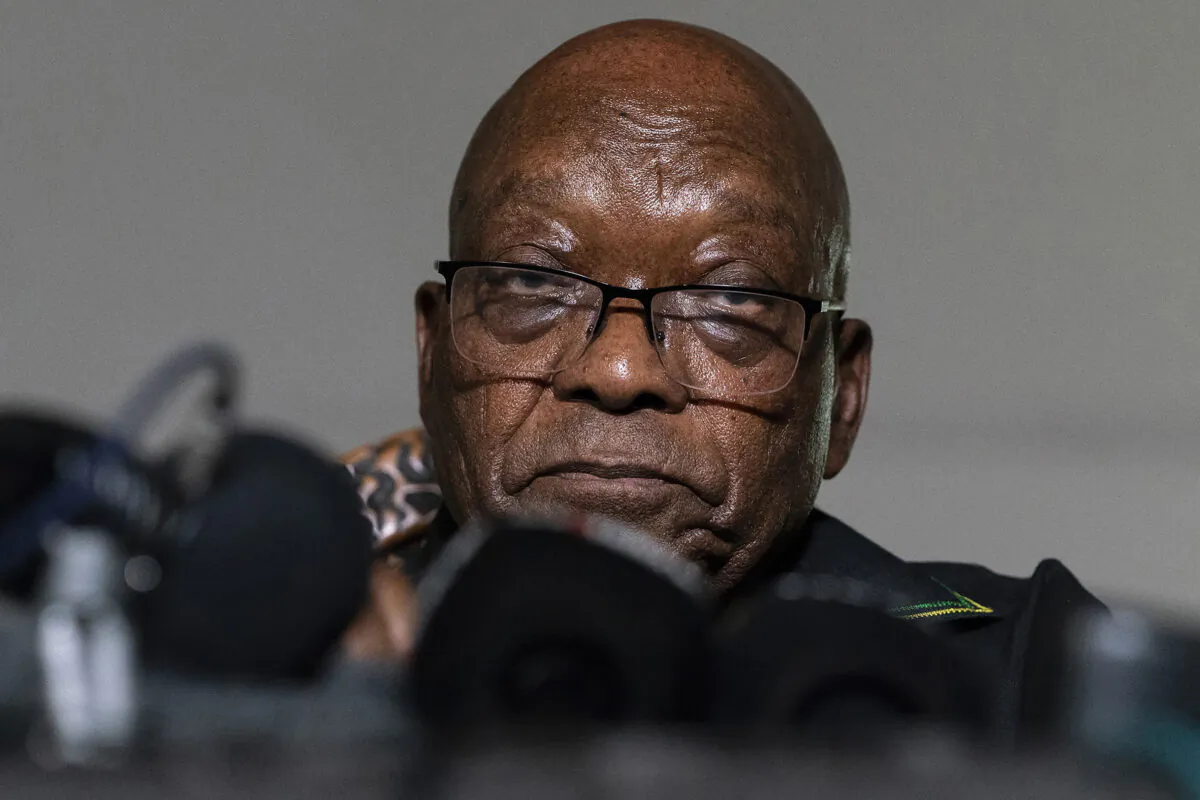 Former president Jacob Zuma addresses the press at his home in Nkandla, KwaZulu-Natal Province, South Africa. Zuma has been admitted to hospital for observation at a hospital outside the Estcourt Correctional Center where he is currently serving a 15-month jail sentence, the government announced on Aug. 6 2021. (Shiraaz Mohamed, File/AP Photo)