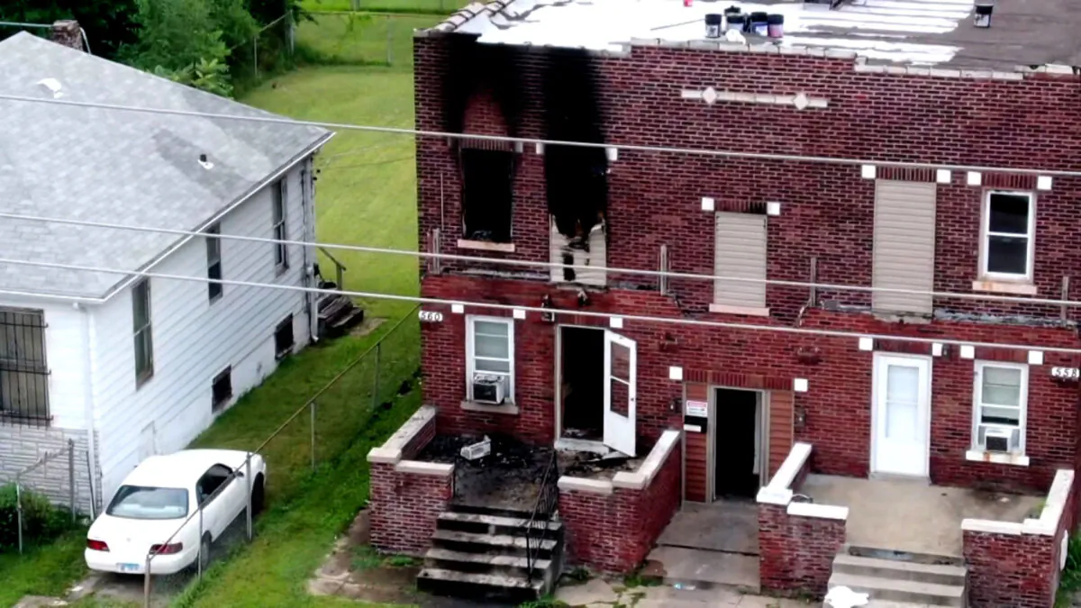 The scene of a fire in East St. Louis, Ill., is seen in this screengrab taken from footage by KMOV on Aug. 6, 2021. (Courtesy of KMOV)