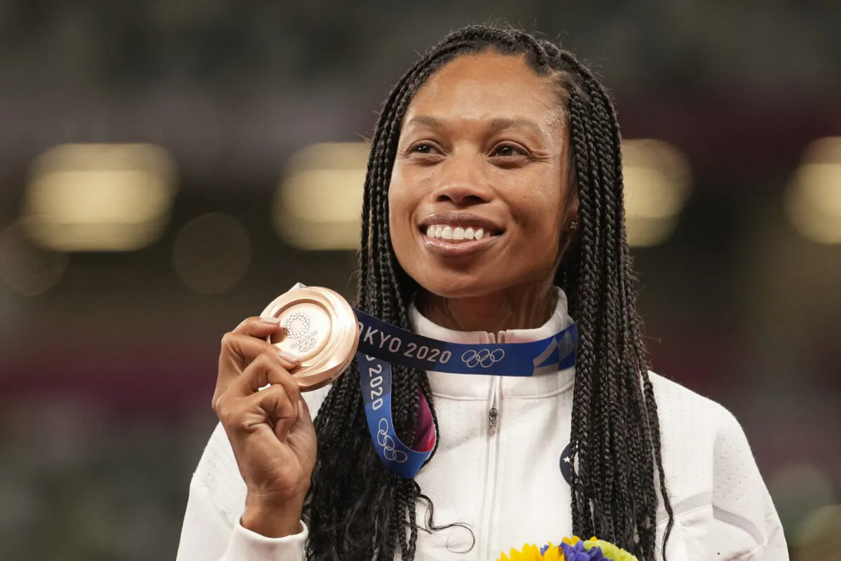Bronze medalist Allyson Felix of the United States poses during the medal ceremony for the women's 400-meter run at the 2020 Summer Olympics in Tokyo, Japan, on Aug. 6, 2021. (Martin Meissner/AP Photo)
