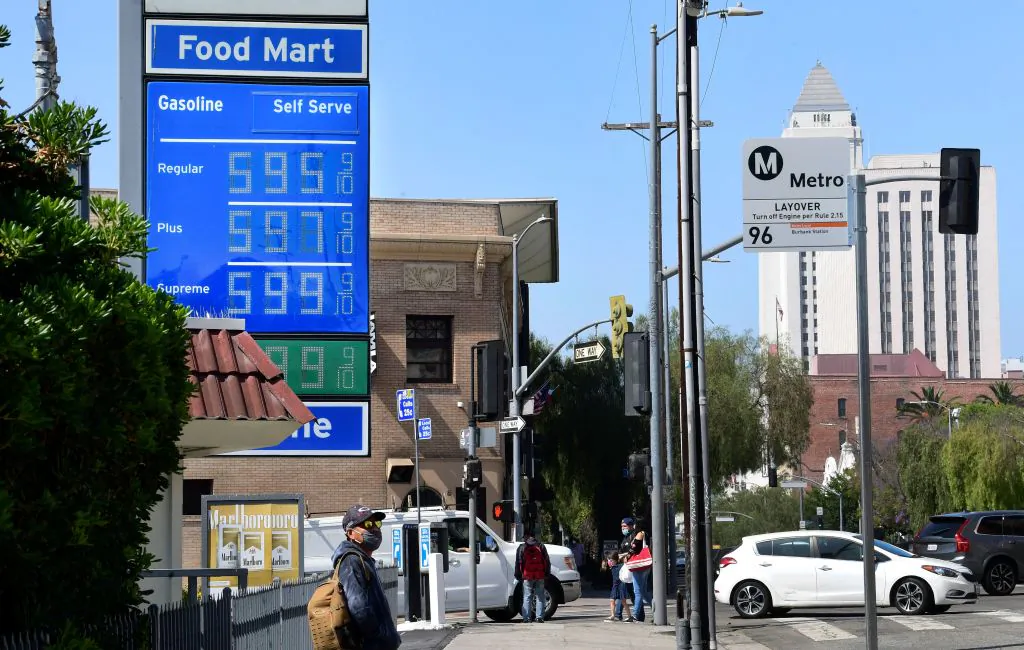 Some of the highest gas prices in town are posted on a signboard at a gas station in downtown Los Angeles on June 22, 2021. (Frederic J. Brown/AFP via Getty Images)