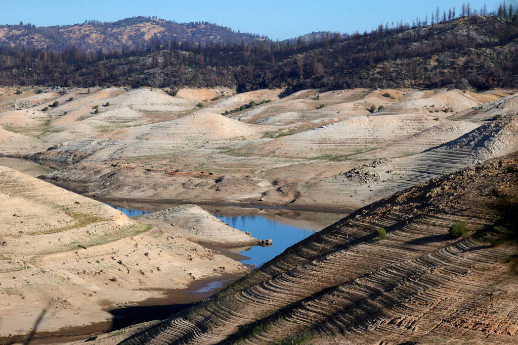 Low water levels are visible at Lake Oroville in Oroville, Calif., on July 22, 2021. (Photo by Justin Sullivan/Getty Images)