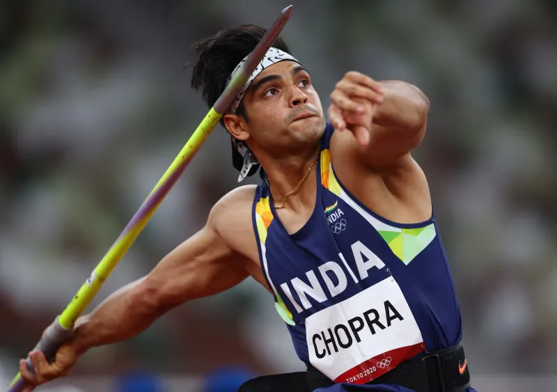 Neeraj Chopra of India in action in the Men's Javelin Throw Final on day fifteen of the Tokyo 2020 Olympic Games at Olympic Stadium at Olympic Stadium, Tokyo, Japan, on Aug. 7, 2021. (Kai Pfaffenbach/Reuters)