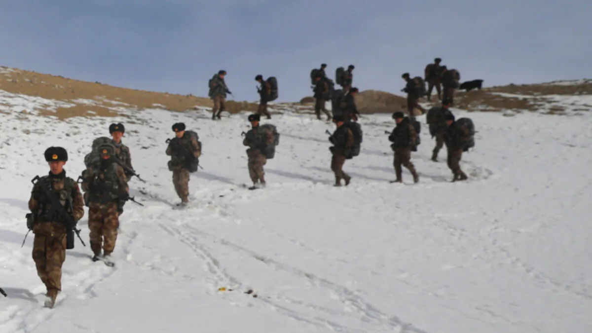 Chinese soldiers rally while training in -20 degrees Celsius (-4 Fahrenheit) conditions in Kashgar in northwestern China's Xinjiang Uighur Autonomous Region on Jan. 4, 2021. (Chinatopix Via AP)