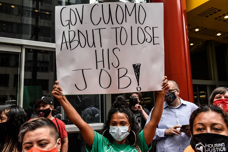 People participate in a protest against N.Y. Gov. Andrew Cuomo in New York City on Aug. 4, 2021. (Stephanie Keith/Getty Images)