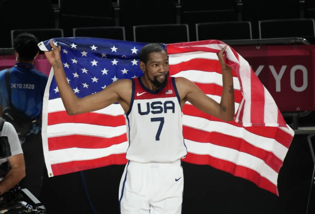United States' Kevin Durant celebrates after their win in the men's basketball gold medal game against France at the 2020 Summer Olympics in Saitama, Japan, on Aug. 7, 2021. (Luca Bruno/AP Photo)