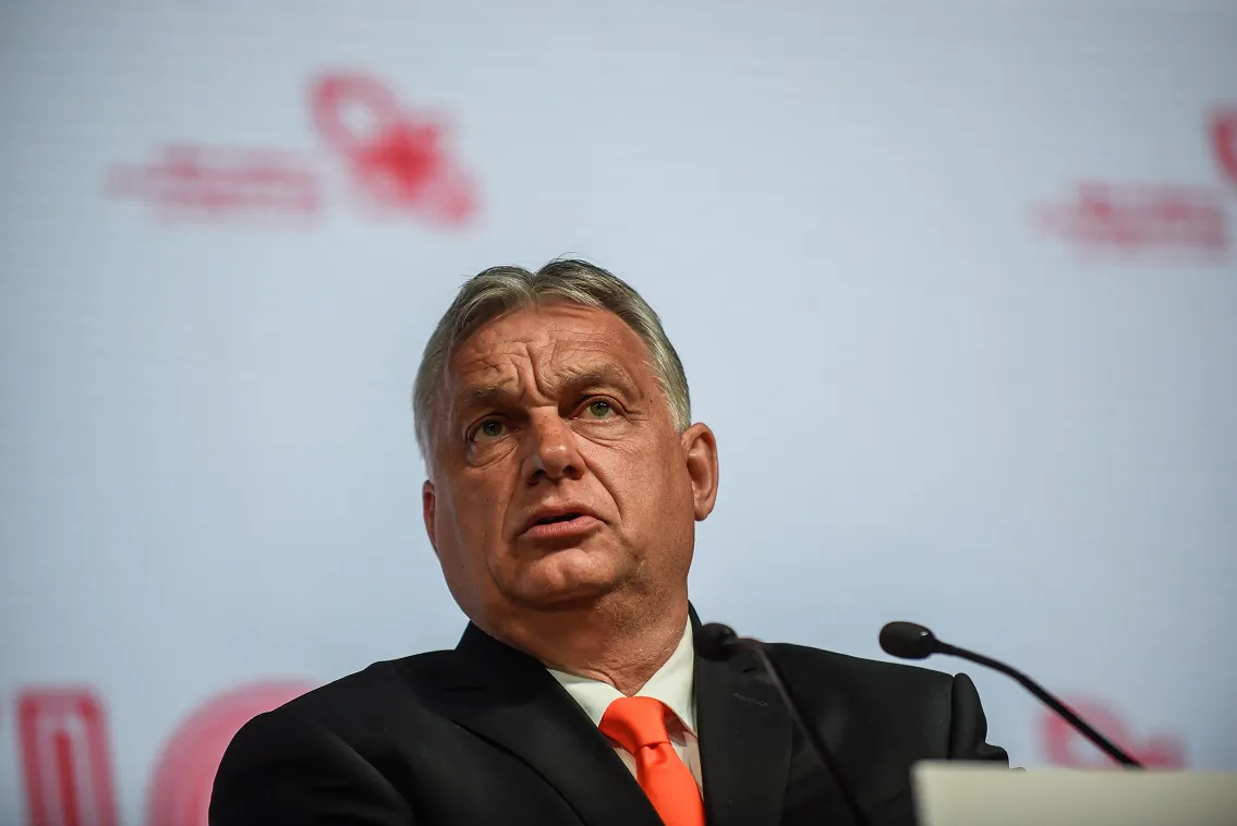 The Prime Minister of Hungary, Viktor Orbán, speaks at the press conference during a Heads of State meeting of the Visegrad group at the International Congress Center in Katowice, Poland on June 30, 2021. (Omar Marques/Getty Images)