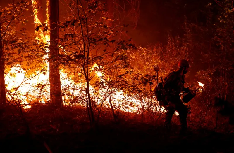 U.S. Forest Service firefighter Ben Foley lights backfires to slow the spread of the Dixie Fire, a wildfire near the town of Greenville, Calif., on Aug. 6, 2021. (Fred Greaves/Reuters)