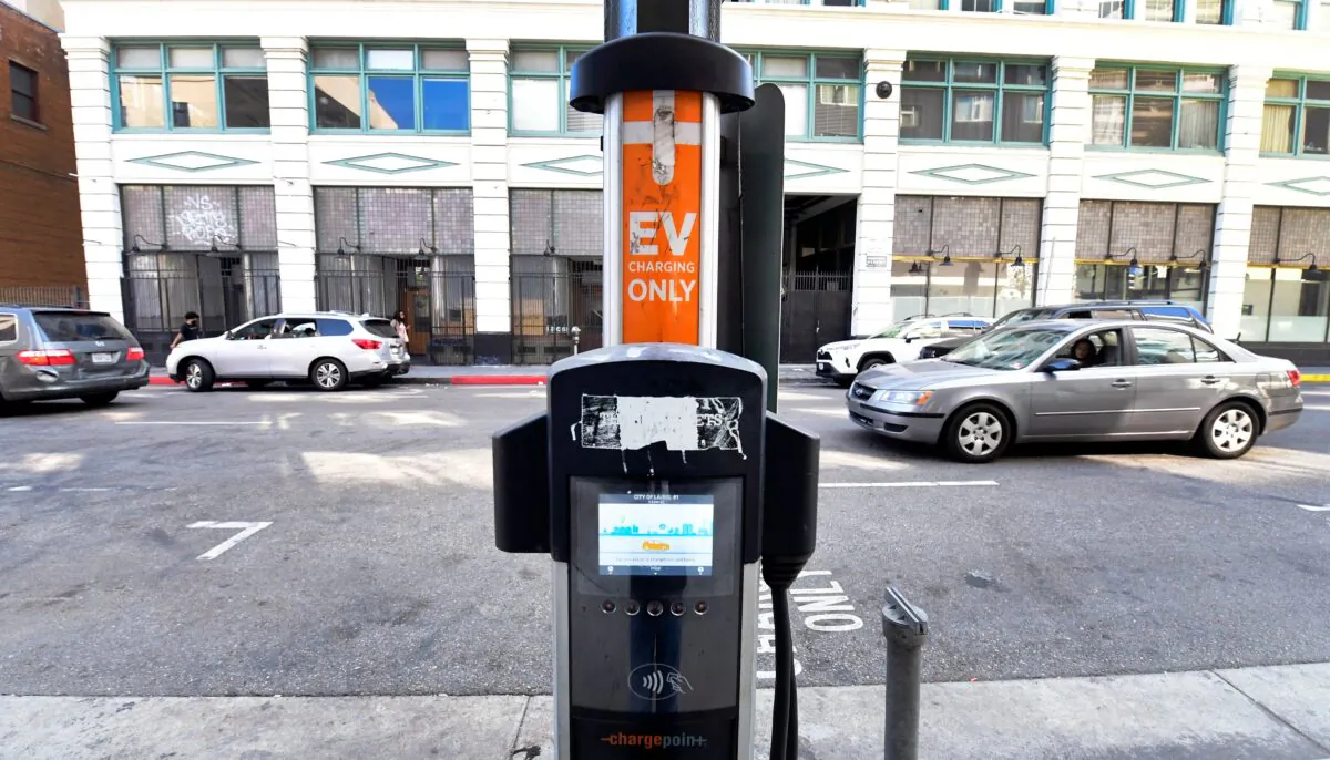 An electric vehicle charging station in Los Angeles, California on May 18, 2021. (Frederic J. Brown/AFP via Getty Images)