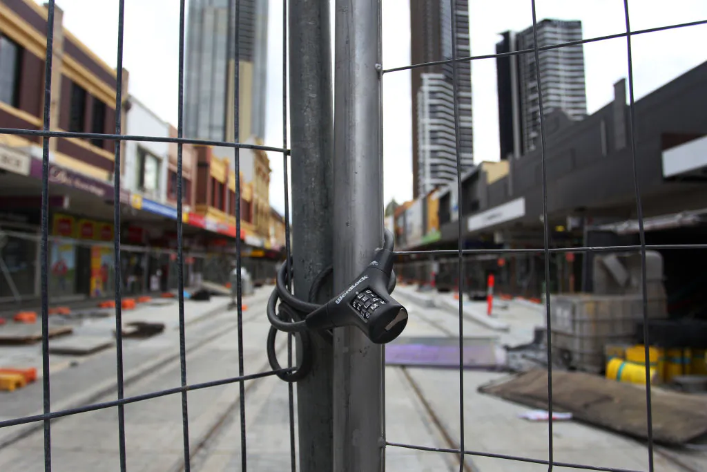 A tram construction site is closed during COVID-19 lockdown in the central business district of Parramatta in Sydney, Australia, on July 31, 2021. (Lisa Maree Williams/Getty Images)