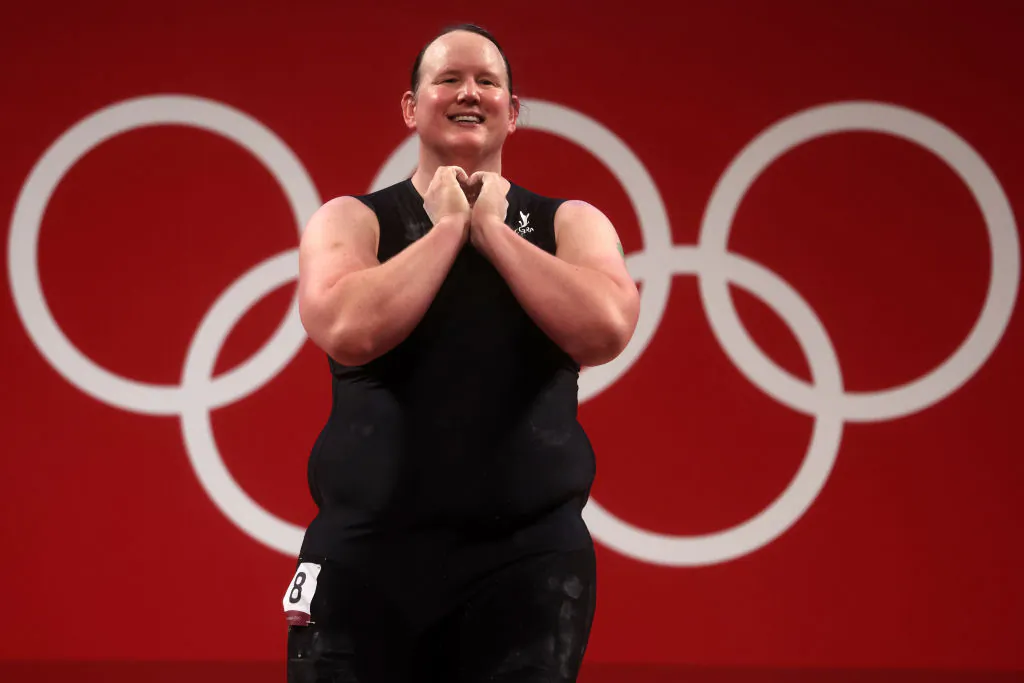 Laurel Hubbard of Team New Zealand competes during the Weightlifting - Women's 87kg+ Group A on day ten of the Tokyo 2020 Olympic Games at Tokyo International Forum on August 02, 2021 in Tokyo, Japan. (Photo by Chris Graythen/Getty Images)