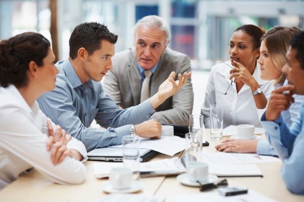 A stock photo of a corporate business meeting