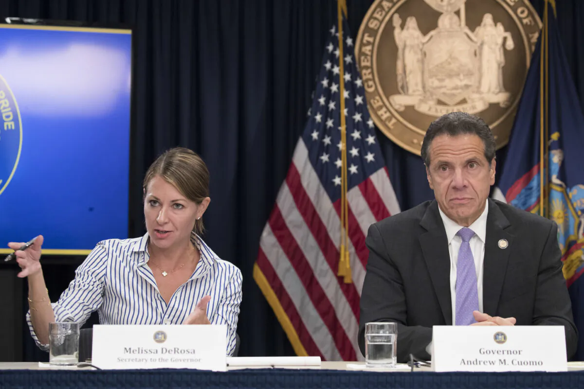 Secretary to the Governor Melissa DeRosa answers questions with Gov. Andrew Cuomo during a news conference in New York on Sept. 14, 2018. (Mary Altaffer/AP Photo)