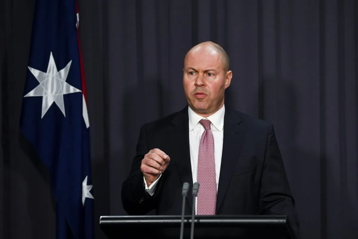 Australian Treasurer Josh Frydenberg speaks to the media during a press conference at Parliament House in Canberra, Australia, on July 7, 2021. (AAP Image/Lukas Coch)