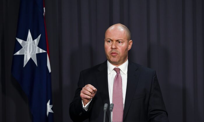 Australian Treasurer Josh Frydenberg speaks to the media during a press conference at Parliament House in Canberra, Australia, on July 7, 2021. (AAP Image/Lukas Coch)