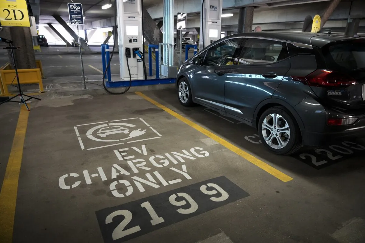 An electric vehicle charging station in Washington on April 22, 2021. (Drew Angerer/Getty Images)