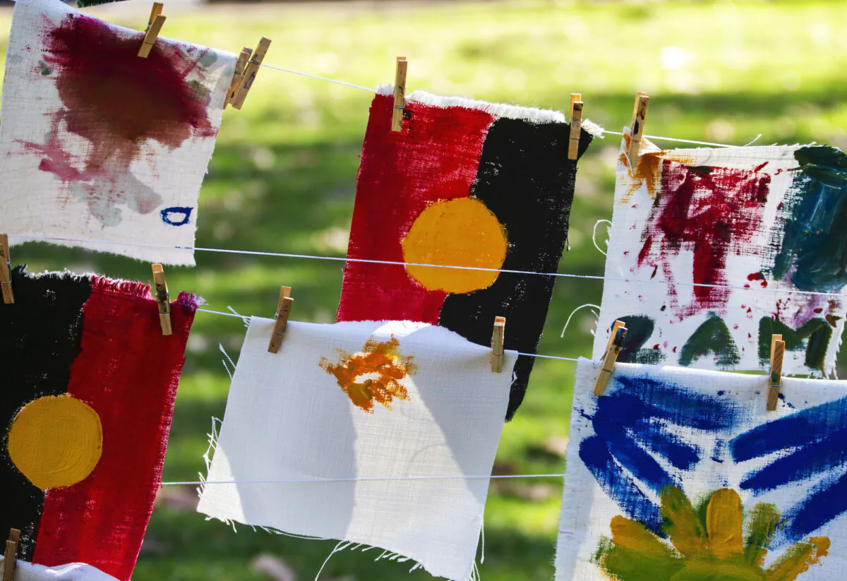 Artworks painted by children on the day are displayed at Hyde Park in Sydney, Australia, on July 13, 2019. (Jenny Evans/Getty Images)