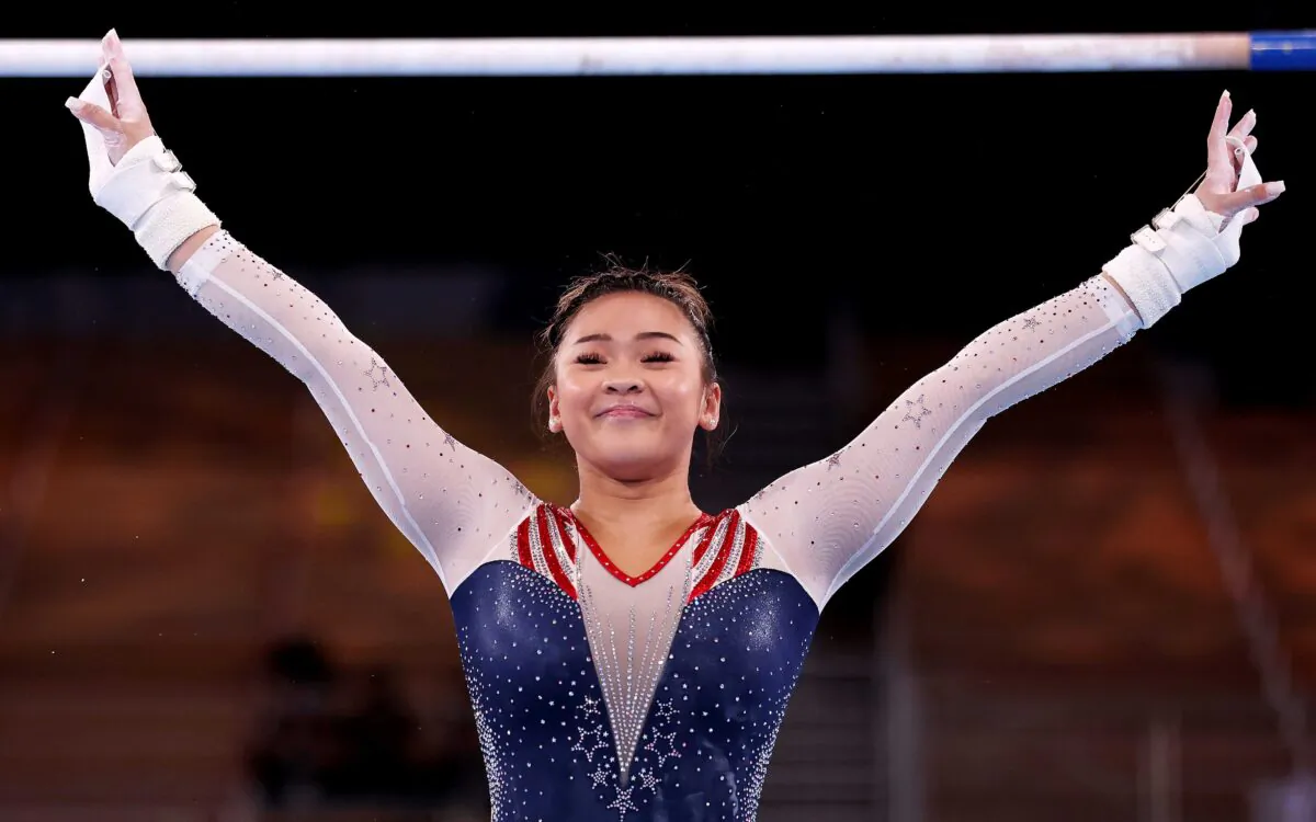 Sunisa Lee of Team United States reacts after competing on uneven bars during the Women's All-Around Final on day six of the Tokyo 2020 Olympic Games at Ariake Gymnastics Centre in Tokyo, Japan, on July 29, 2021. (Jamie Squire/Getty Images)