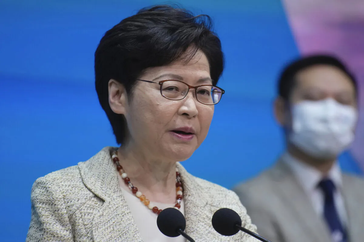 Hong Kong Chief Executive Carrie Lam speaking during a press conference in Hong Kong, on Aug. 10, 2021. (Vincent Yu/AP Photo)