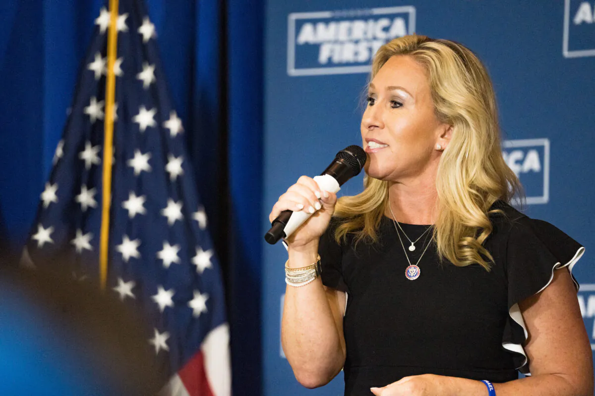 U.S. Rep. Marjorie Taylor Greene (R-Ga.) speaks at an "America First" Rally in Dalton, Ga., on May 27, 2021. (Megan Varner/Getty Images)