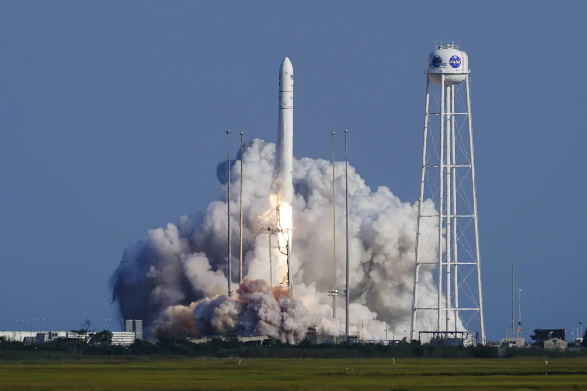 Northrop Grumman's Antares rocket lifts off the launch pad at the NASA Test Flight Facility, in Wallops Island, Va,  on Aug. 10, 2021. (Steve Helber/AP Photo)