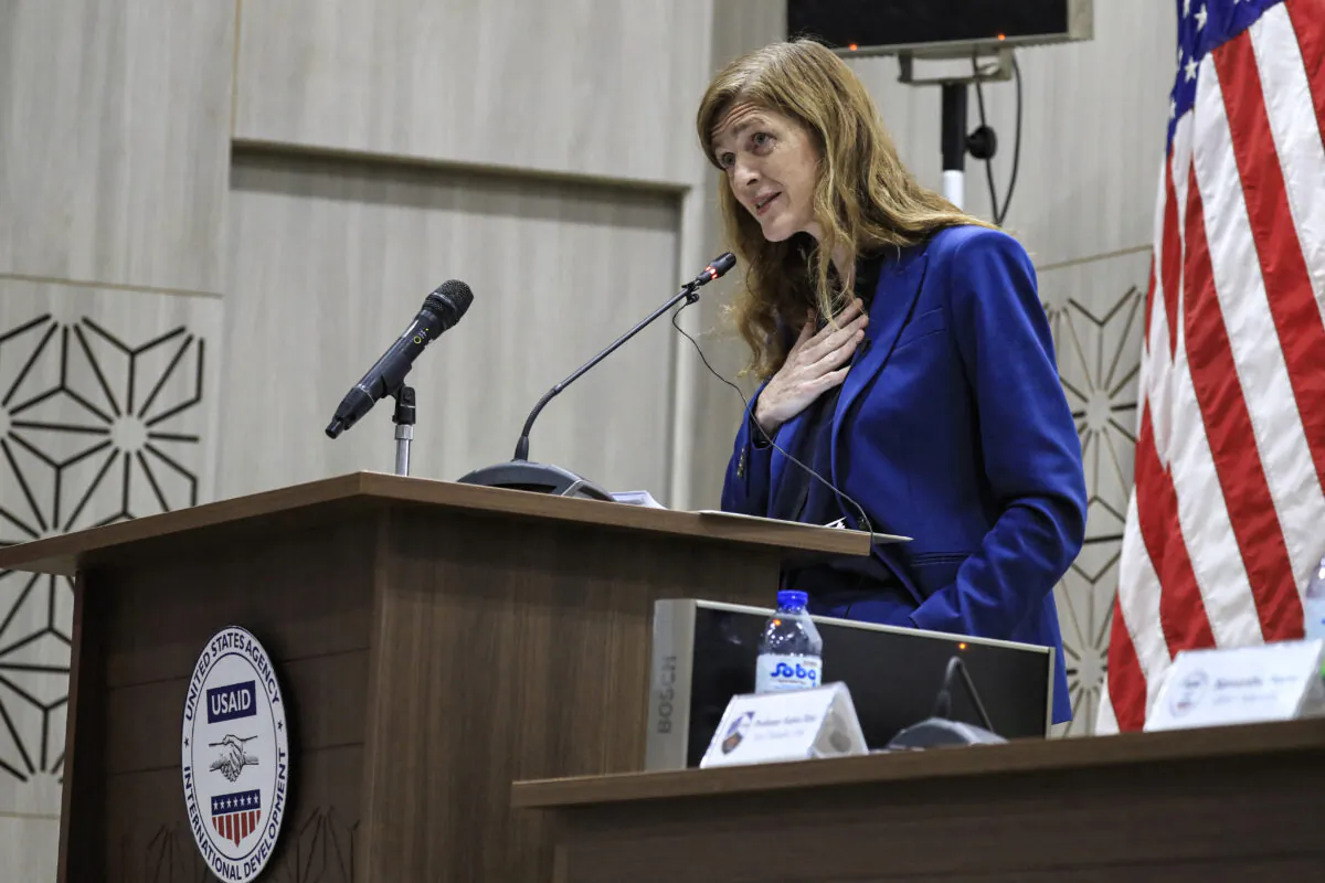Samantha Power, Administrator of the United States Agency for International Development (USAID), speaks at the University of Khartoum in Sudan's capital, on Aug. 3, 2021. (Ashraf Shazly/AFP via Getty Images)