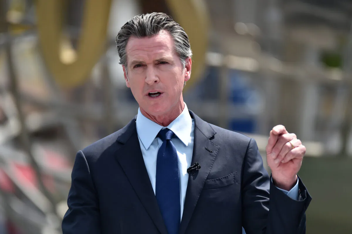 California Gov. Gavin Newsom attends press conference for the official reopening of the state of California at Universal Studios Hollywood in Universal City, Calif., on June 15, 2021. (Alberto E. Rodriguez/Getty Images)