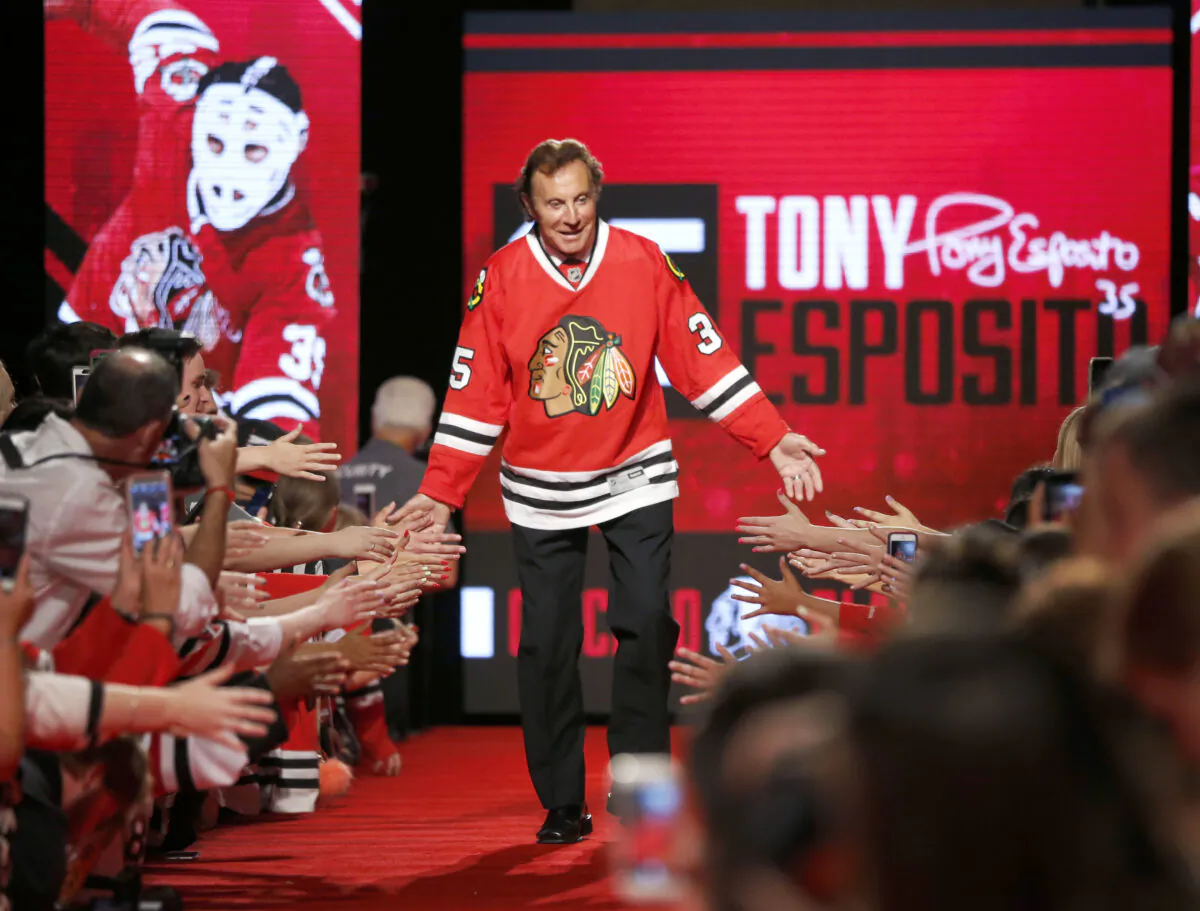 Chicago Blackhawks great Tony Esposito is introduced to the fans during the Blackhawks' convention in Chicago on July 15, 2016. (AP Photo/Charles Rex Arbogast, File)