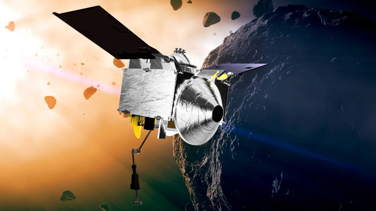 An illustration depicts the OSIRIS-REx spacecraft at the asteroid Bennu.(Conceptual Image Lab/Goddard Space Flight Center/NASA via AP)