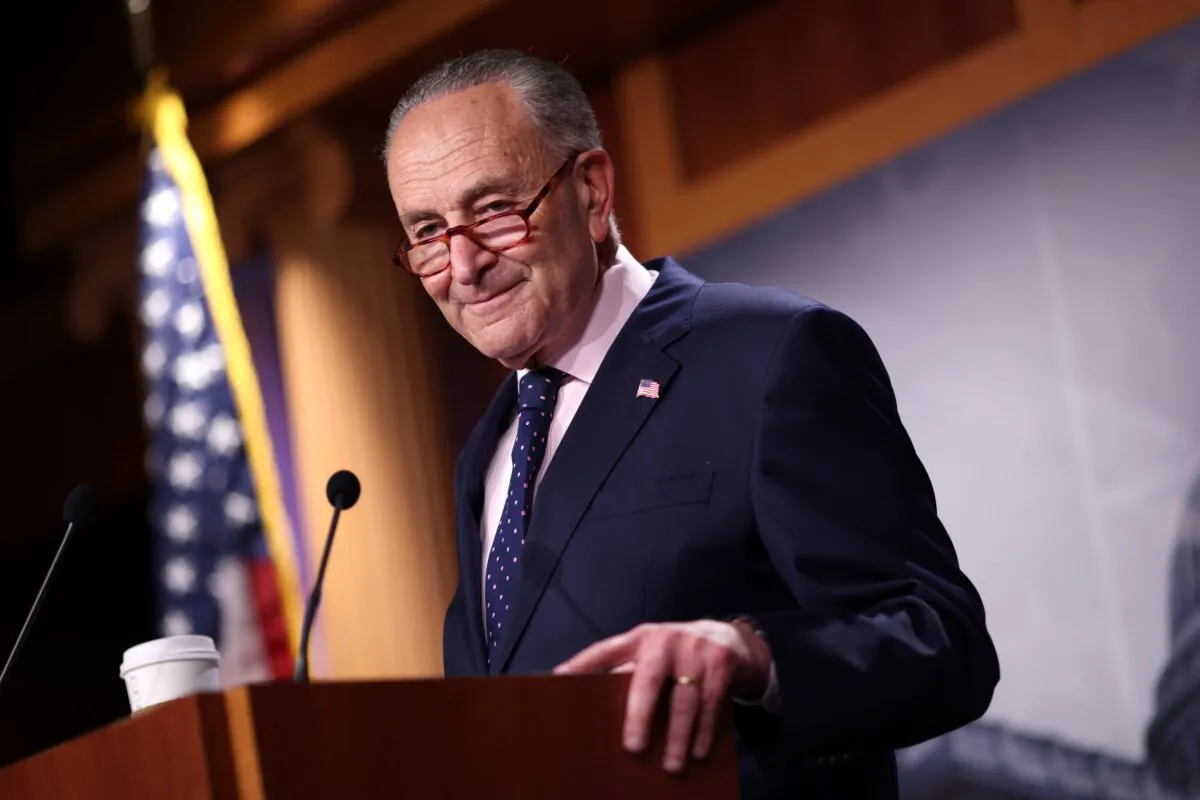 Senate Majority Leader Charles Schumer (D-N.Y.) speaks on the passage of the bipartisan infrastructure bill, during a news conference at the U.S. Capitol in Washington, on Aug. 11, 2021. (Kevin Dietsch/Getty Images)
