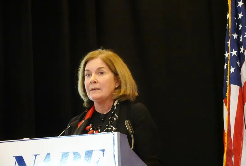 Kansas City Federal Reserve President Esther George addressing the National Association for Business Economics in Denver, Colo., on Oct. 6, 2019. (REUTERS/Ann Saphir)