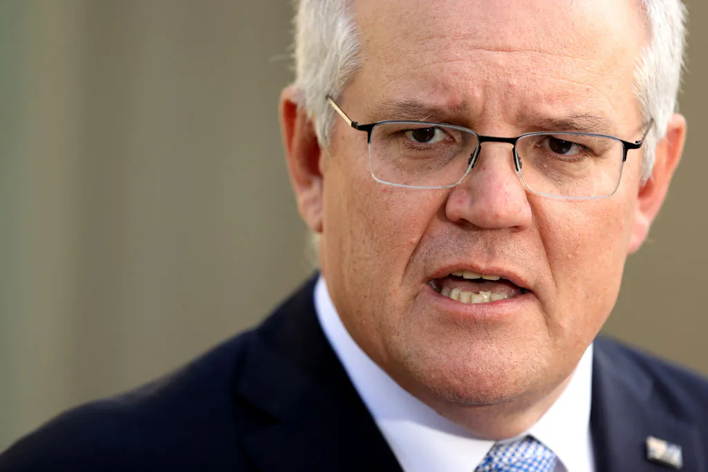 Australian Prime Minister Scott Morrison addresses the media during a press conference at Kirribilli House in Sydney, Australia on July 8, 2021. (Brendon Thorne/Getty Images)