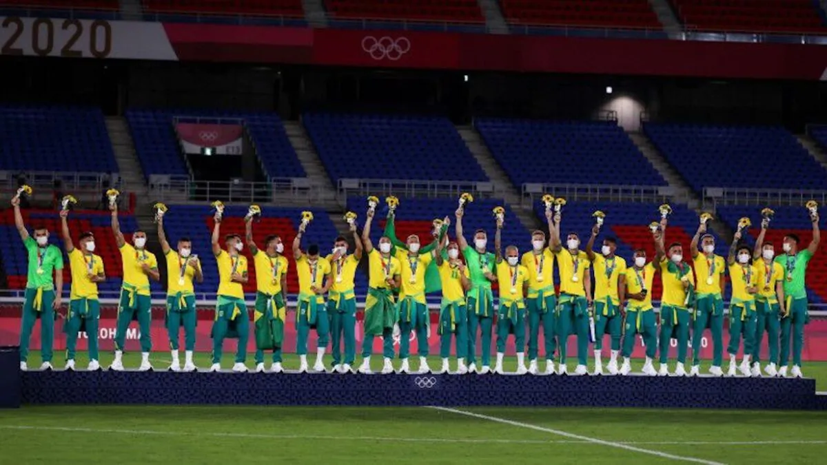 Tokyo Olympics men's soccer Gold medallists Brazil celebrate during the medal ceremony at International Stadium Yokohama, Yokohama, Japan, on Aug. 7, 2021.  (REUTERS/Amr Abdallah Dalsh/File Photo)