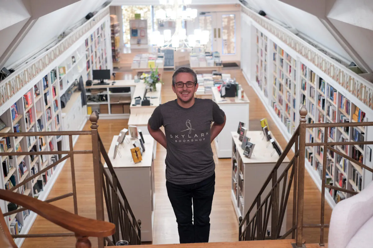 Owner Alex George enjoys his dual role as attorney and bookseller but he’s most comfortable surrounded by his many titled friends at Skylark Bookshop in Columbia, Mo. (Courtesy of Skylark Bookshop)