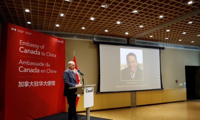 Jim Nickel, Charge d'affaires of the Canadian Embassy in Beijing, speaks at the embassy in Beijing as a court in Dandong rules on the case of Michael Spavor, charged with espionage in June 2019, in China, on Aug. 11, 2021. (Florence Lo/Reuters)