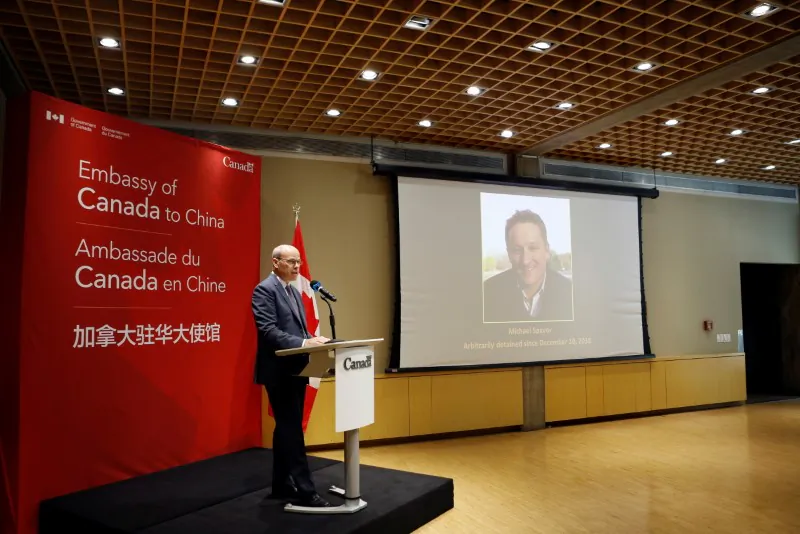 Jim Nickel, Charge d'affaires of the Canadian Embassy in Beijing, speaks at the embassy in Beijing as a court in Dandong rules on the case of Michael Spavor, charged with espionage in June 2019, in China, on Aug. 11, 2021. (Florence Lo/Reuters)