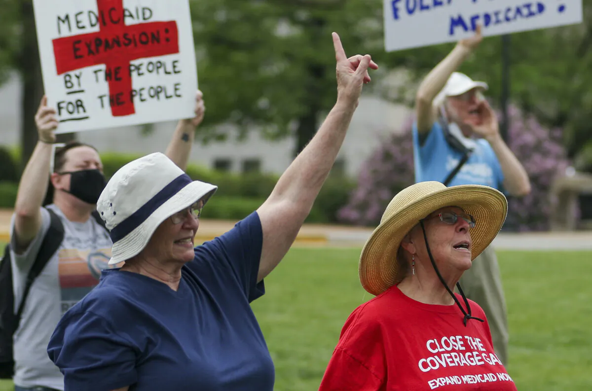 A Medicaid expansion rally at the Missouri State Capitol in Jefferson City on April 27, 2021. (Liv Paggiarino/The Jefferson City News-Tribune via AP File)