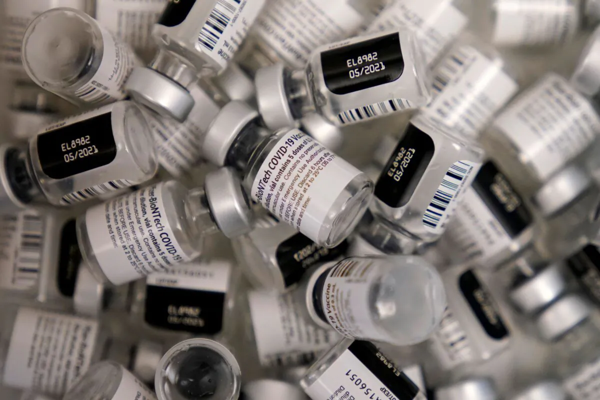 Used vials of the Pfizer-BioNTech COVID-19 vaccine lay empty at a vaccination center at the University of Nevada in Las Vegas, on Jan. 22, 2021. (John Locher, File/AP Photo)

