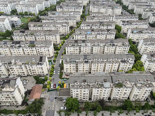 This aerial photo taken on Aug. 3, 2021 shows a restricted residental area due to the Covid-19 coronavirus in Yangzhou, in China's eastern Jiangsu province. (STR/AFP via Getty Images)
