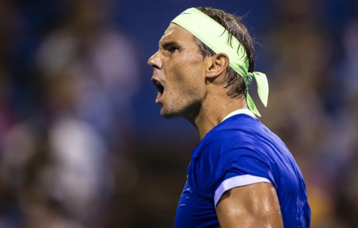 Rafael Nadal of Spain reacts during a match against Lloyd Harris of South Africa (not pictured) during the Citi Open at Rock Creek Park Tennis Center, in Washington, on Aug. 5, 2021. (Scott Taetsch-USA TODAY Sports)