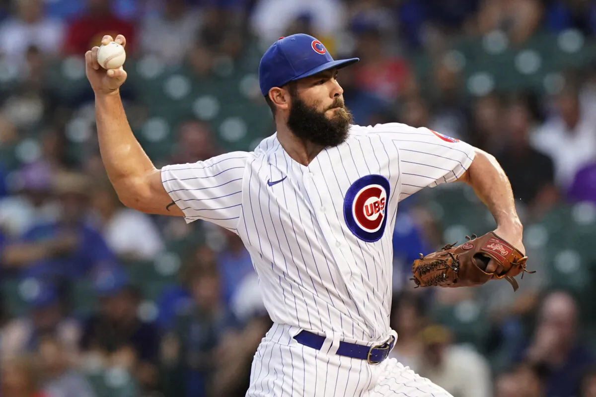 Chicago Cubs starting pitcher Jake Arrieta throws to a Milwaukee Brewers batter during the first inning of a baseball game in Chicago, Ill., on Aug. 11, 2021. (Nam Y. Huh/AP Photo)