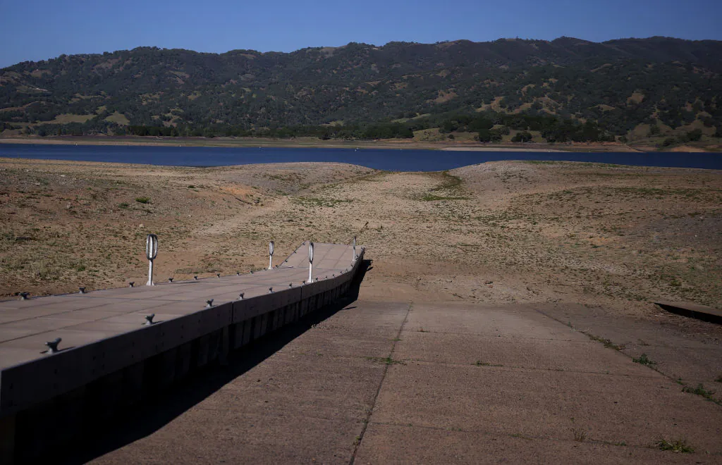 A boat dock sits on dry ground far from the water at Lake Mendocino on April 22, 2021 in Ukiah, California. (Justin Sullivan/Getty Images)