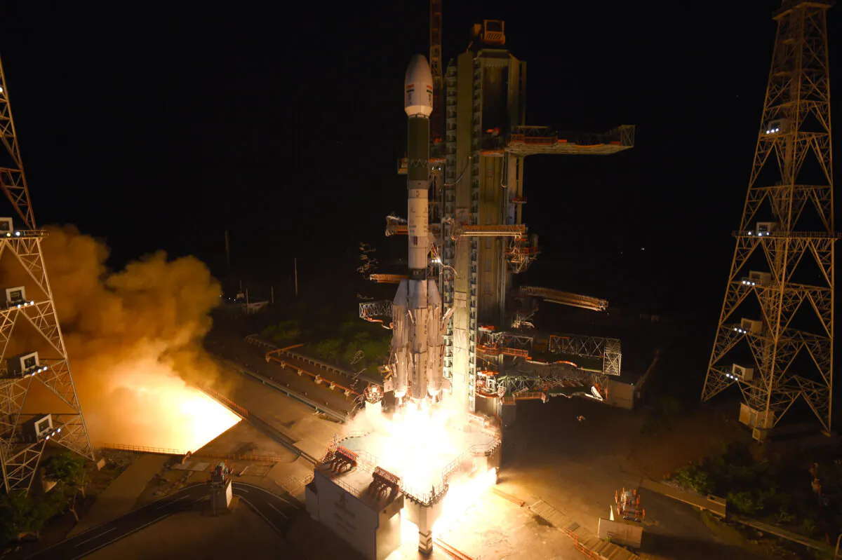 The Geosynchronous Satellite Launch Vehicle (GSLV-F10) carrying EOS-03, an Earth Observation satellite, taking off from Satish Dhawan Space Center in Sriharikota, India, on Aug. 12, 2021. (Indian Space Research Organization via AP)