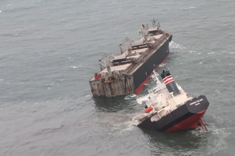 A view of the Panamanian-registered ship "Crimson Polaris" after it ran aground in Hachinohe harbor in Hachinohe, northern Japan on Aug. 12, 2021. (Courtesy of 2nd Regional Coast Guard Headquarters—Japan Coast Guard/Handout via Reuters)