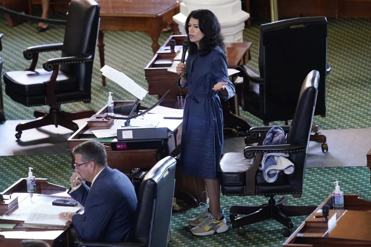 Texas state Sen. Carol Alvarado, a Democrat, filibusters Senate Bill 1 at the Texas Capitol in Austin, Texas, on Aug. 11, 2021. (Eric Gay/AP Photo)