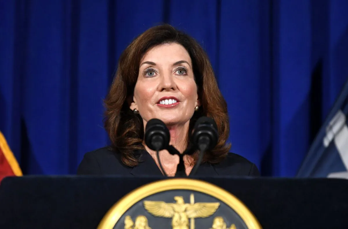 New York Lt. Gov. Kathy Hochul gives a news conference at the state Capitol, in Albany, N.Y., on Aug. 11, 2021. (Hans Pennink/AP Photo)